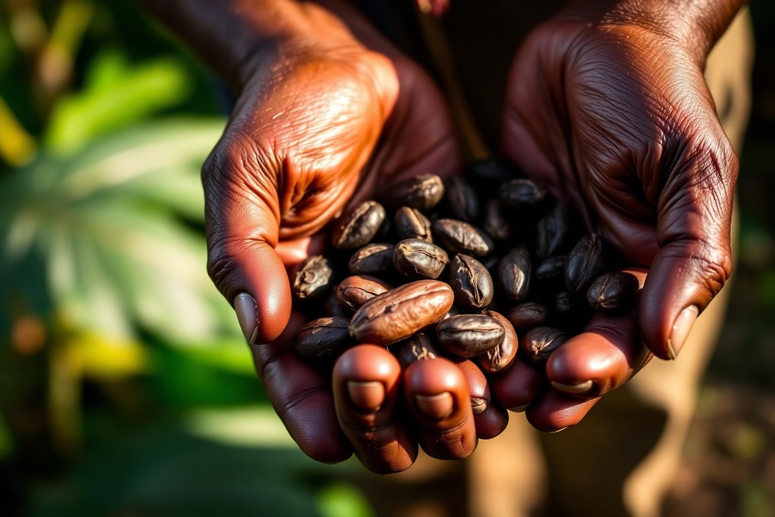 A producer holds fermented cacao beans